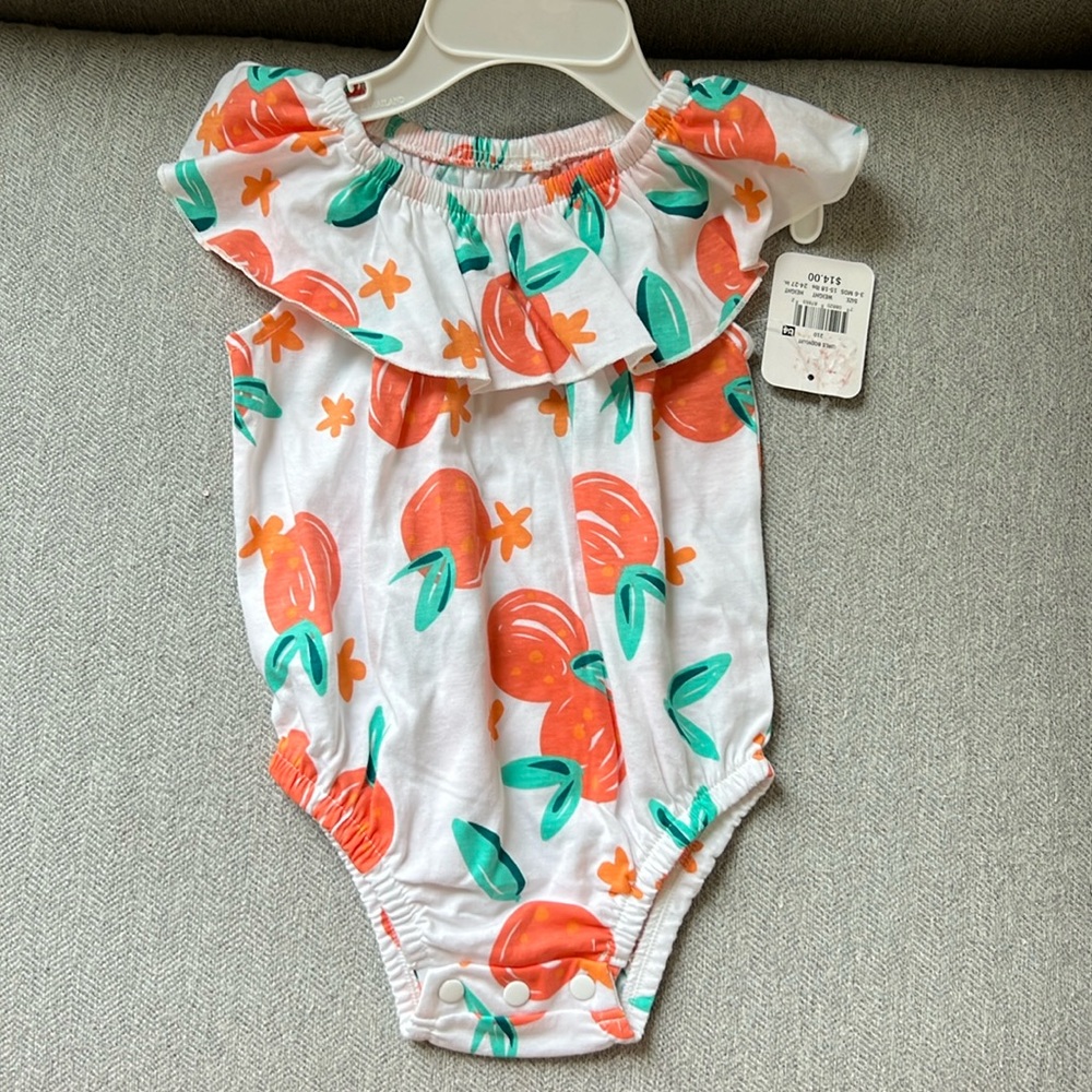 NWT Lullaby Lane 3-6M Baby girls Peach Print Ruffle Onesie